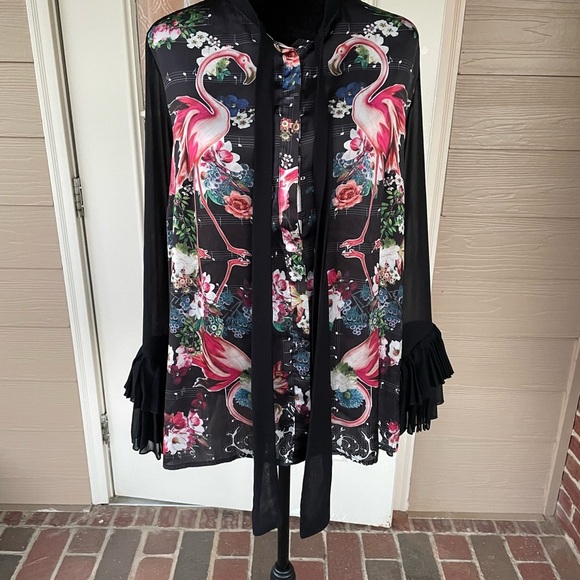 Pierre Cardin Black Floral Flamingo Blouse - Picture 2 of 9